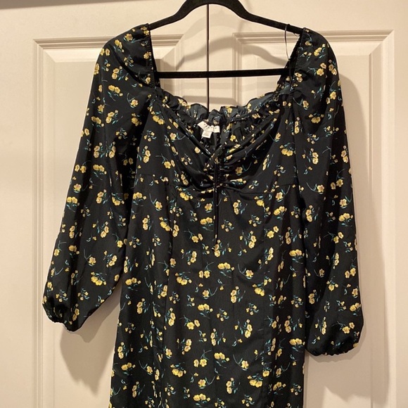 Topshop Midi Dress. Long Sleeves w/ Florals. Size US 6. Yellow, Black & Green. - Picture 3 of 9
